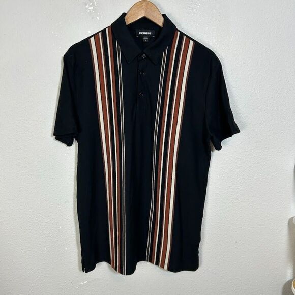 Express Striped Luxe Polo Button Up Shirt Mens M Black Short Sleeve Pique - Picture 2 of 7